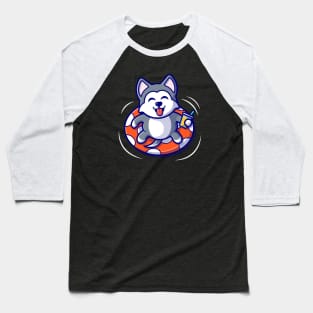 Cute Husky Dog Floating With Swimming Tires Baseball T-Shirt